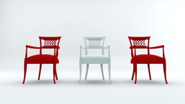 식사용 3d 의자 긴 베이스와 흰색 색상과 배경이 있는 짧은 등받이. 먹기에 적합