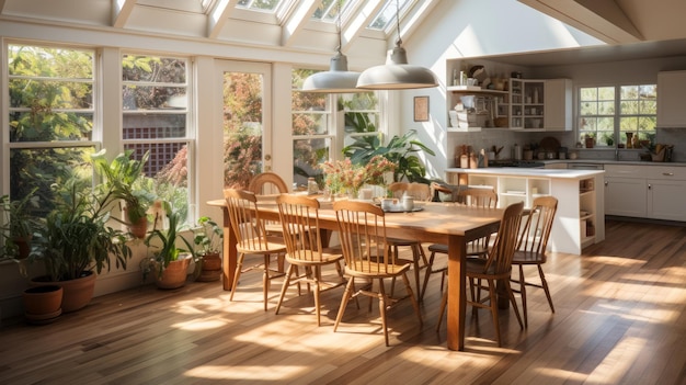 Dining area and kitchen with maximum natural lighting in kitchen space made from natural material