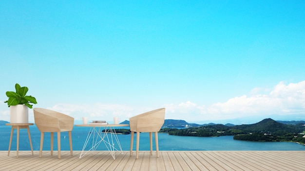 Dining area on terrace with sea view in hotel or restaurant