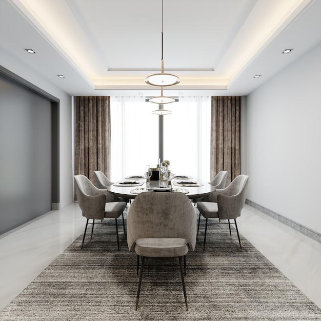 Dining area with a dining table by a large window in white and gray contemporary style 3d rendering