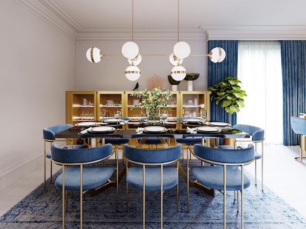 Dining area with dining table, turquoise chairs, white marble countertop, served table. Large dining room kitchen in mint colors. 3D rendering.