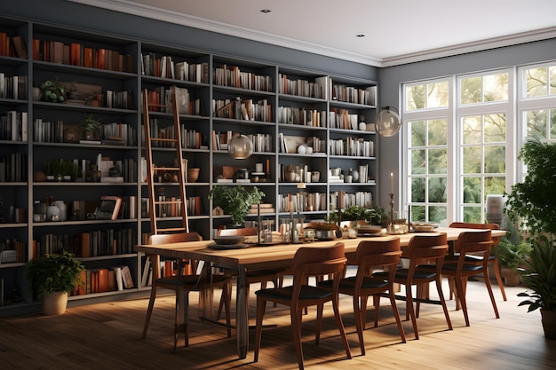 a dining area with floor to ceiling bookshelves