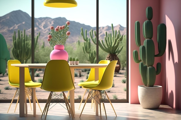 Dining area with huge windows a pink table and yellow seats in a green minimalist design Cactus in a large pot