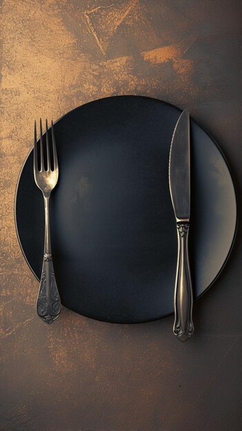 Dining arrangement Empty black plate with spoon and fork top view Vertical Mobile Wallpaper