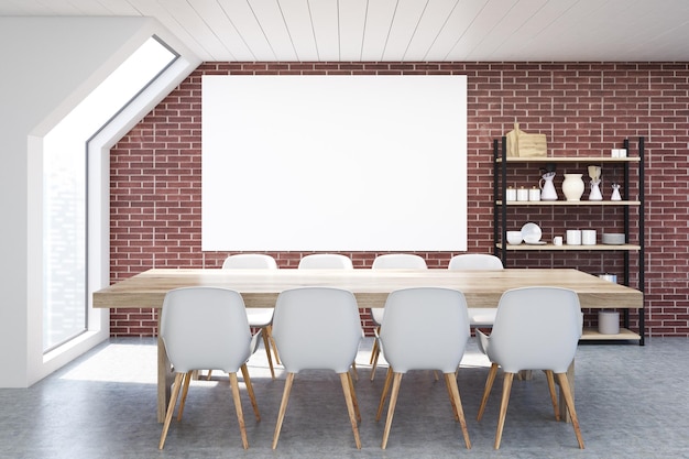 Dining room in an attic with brick walls, a long wooden table with white chairs around it and a cupboard in the background. 3d rendering, mock up