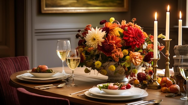 Dining room decor interior design and autumn holiday celebration elegant autumnal table decoration with candles and flowers home decor and country cottage style idea