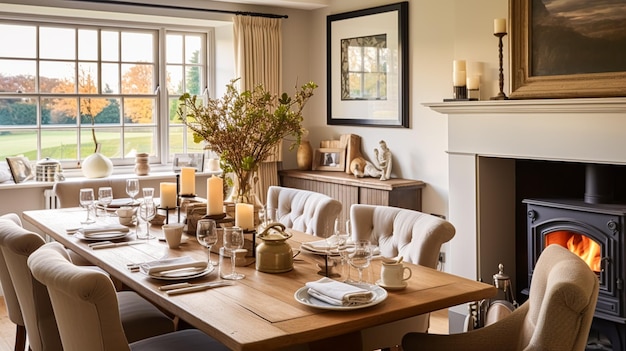 Foto arredamento della sala da pranzo, design degli interni e celebrazione delle vacanze autunnali, elegante decorazione della tavola autunnale con candele e fiori, decorazioni per la casa e idea in stile cottage di campagna