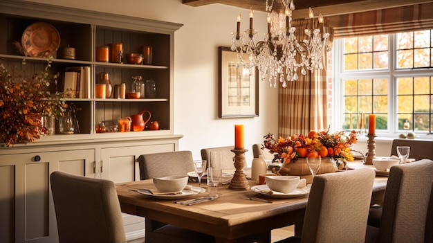 Dining room decor interior design and autumn holiday celebration elegant autumnal table decoration with candles and flowers home decor and country cottage style idea