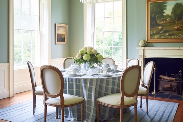 Dining room decor interior design and house improvement elegant table with chairs furniture and classic blue home decor country cottage style idea