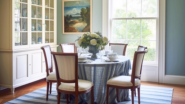 Foto decorazione della sala da pranzo interior design e miglioramento della casa tavolo elegante con sedie mobili e classica decorazione della casa blu stile cottage di campagna