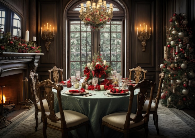 A dining room decorated for a holiday celebration