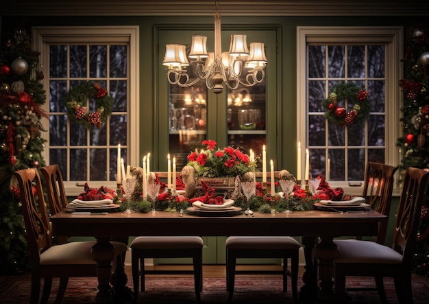 A dining room decorated for a holiday celebration