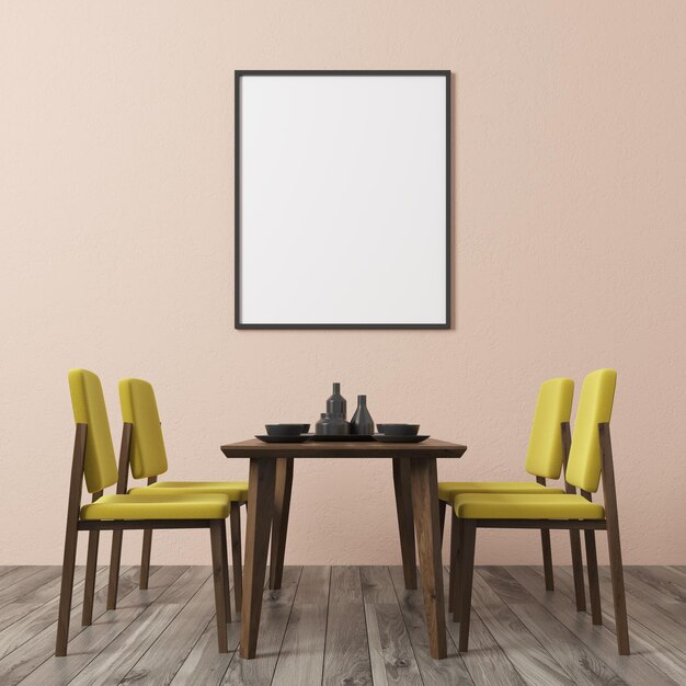 Dining room interior with beige walls, a vertical poster hanging above a table with yellow chairs aroung it. 3d rendering mock up