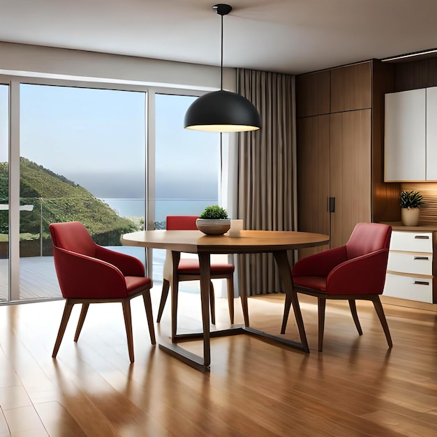 Dining room interior with round brown wooden table