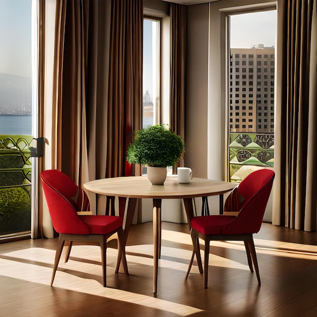 Dining room interior with round brown wooden table