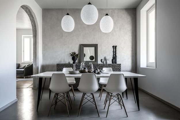 Dining room in light gray colors Illustration AI Generative