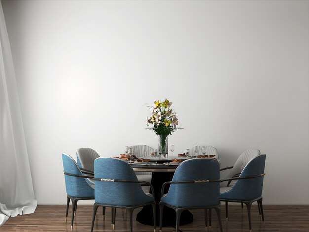 Dining room mockup with blue round dining table 3d illustration 3d render