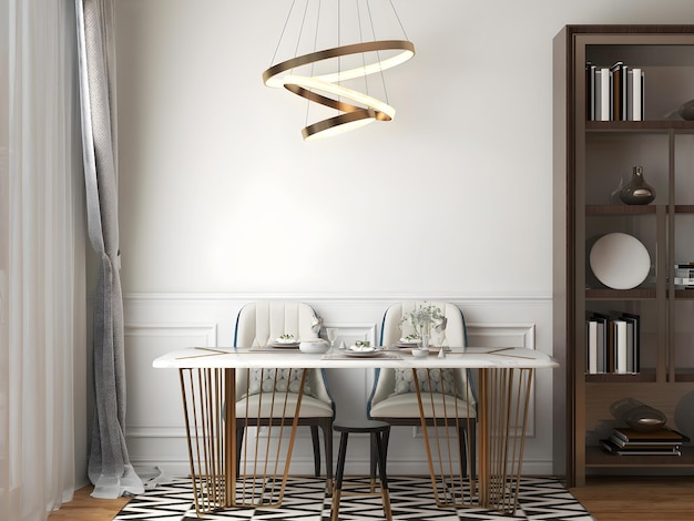 Dining room mockup with luxury spiral hanging lamp and dining table3d illustration 3d render