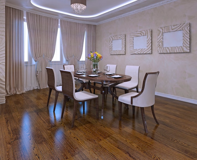 Dining room in modern style. Closet curtains, neon lights, cream colored walls. Brown table and white chairs. Daylight. 3D render