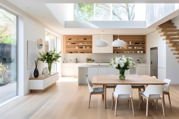 a dining room seamlessly connected to the kitchen