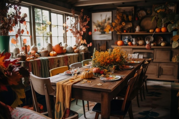 A dining room table with a bunch of pumpkins on it Generative AI image