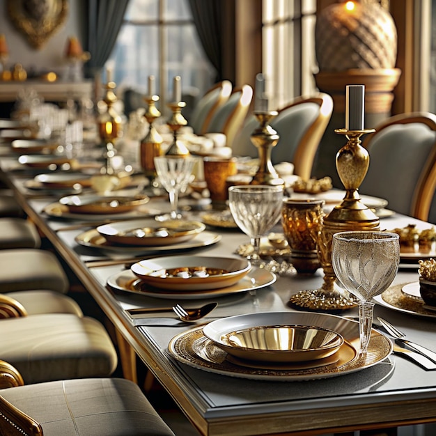 a dining room table with a table set for dinner