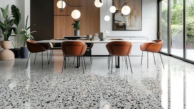 Photo in the dining room the traditional terrazzo flooring is given a modern twist with the addition of