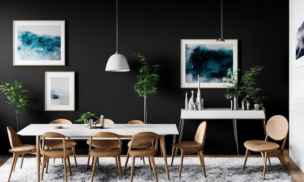 Photo a dining room with a black wall that has a white table and chairs and a white table with a white table that says'blue'on it.