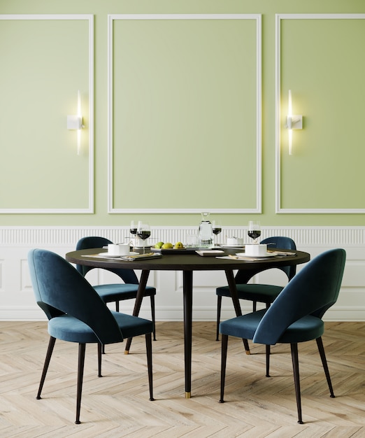 Sala da pranzo con le sedie e le lampade blu, derisione vuota verde chiaro della parete su, rappresentazione 3d