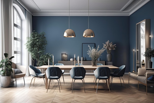 Dining Room with Blue Walls and Wooden Floor Generative AI