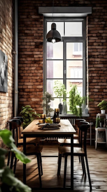 A dining room with a brick wall and a window with a plant on it.