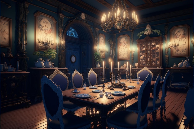 A dining room with a chandelier and a chandelier that says'the beast '