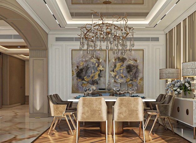 A dining room with a chandelier and a chandelier that