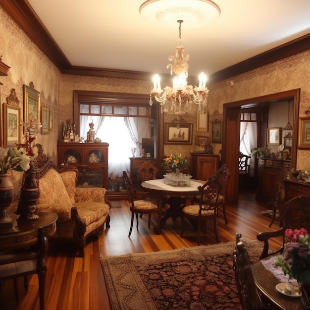 A dining room with a chandelier hanging from the ceiling