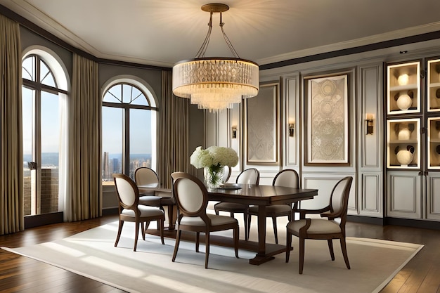 A dining room with a chandelier and a large chandelier.