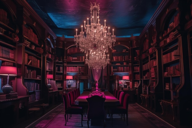 A dining room with a chandelier and a long table Generative AI image