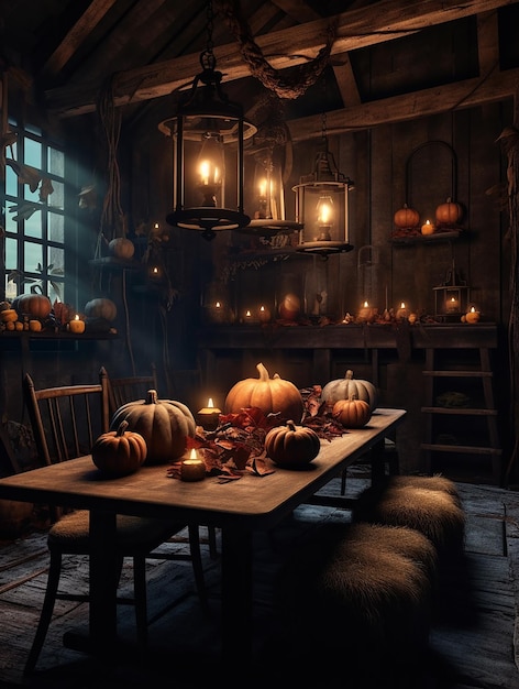 A dining room with a chandelier and pumpkins on it