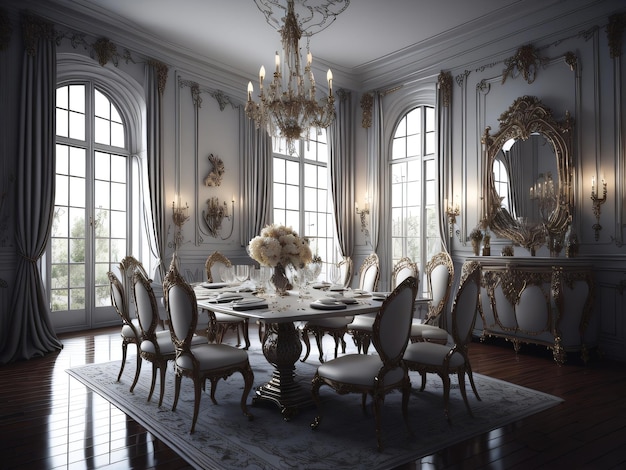 A dining room with a chandelier and a table with chairs and a chandelier.