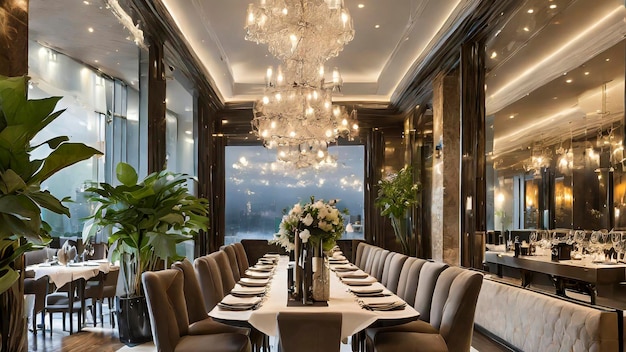 Photo a dining room with a chandelier and a table with flowers on it