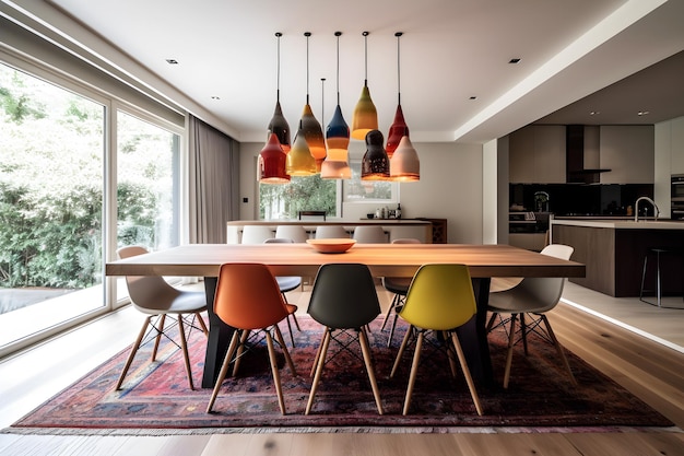 A dining room with a colorful pendant light hanging from the ceiling.