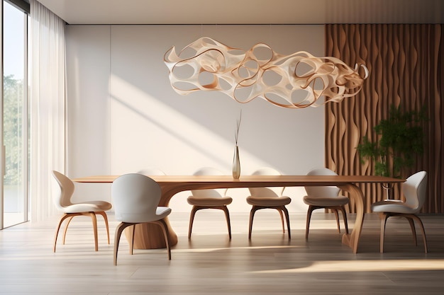 a dining room with a customdesigned sculptural dining table