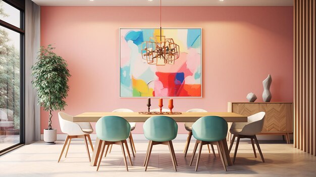 Dining room with design a colorful soft color background Colorful mockup poster