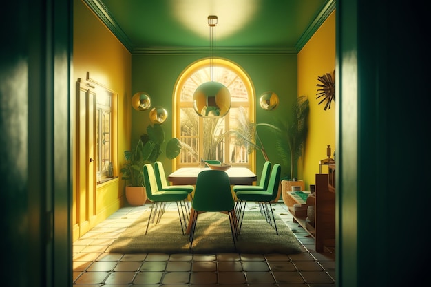 A dining room with green chairs and a large window