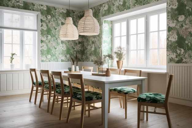 A dining room with green wallpaper and a white table with chairs and a white table with chairs.