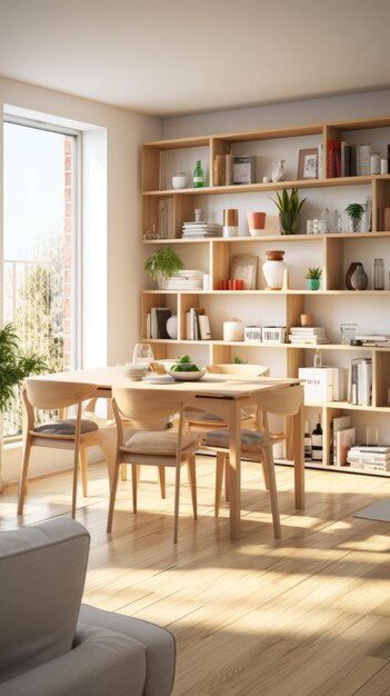 A dining room with a large bookshelf