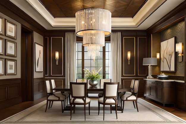 A dining room with a large chandelier and a large chandelier.