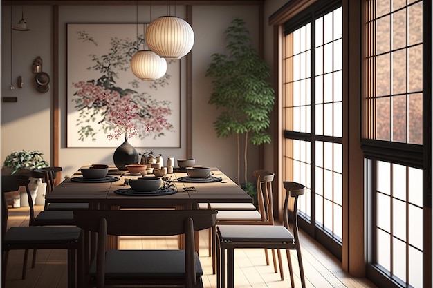 A dining room with a large painting of a japanese style.