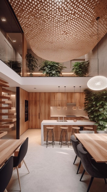 A dining room with a large plant wall and a wooden floor.