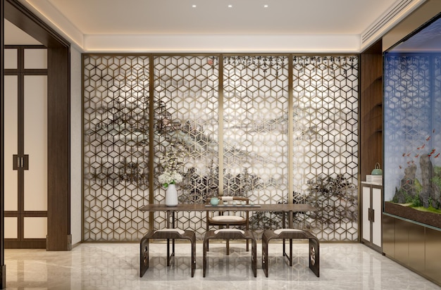 A dining room with a large screen that says'chinese'on it