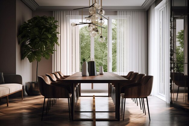 A dining room with a large table and chairs and a large window that has a large green tree outside.